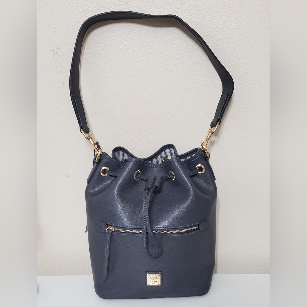 New Dooney & Bourke Dark Gray Saffiano Leather Drawstring Bucket Bag - Picture 2 of 11